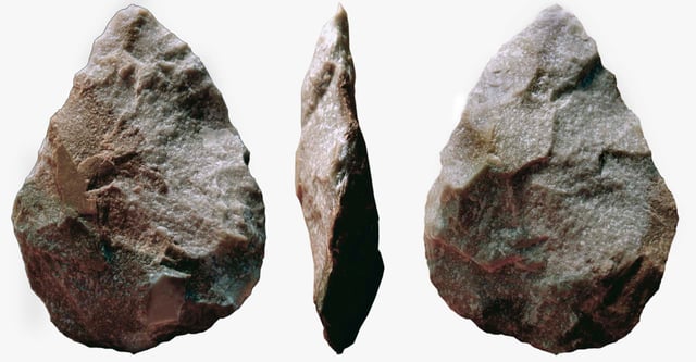 A cordiform biface as commonly found in the Acheulean, associated with Homo erectus and derived species such as Homo heidelbergensis.