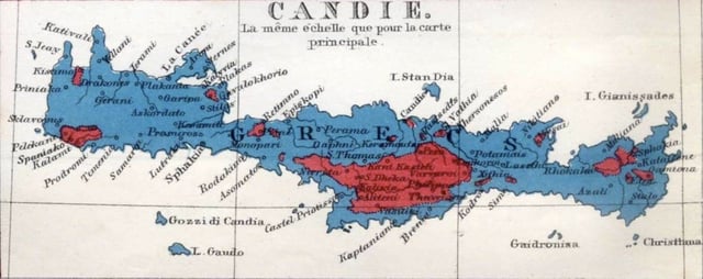 Greek Orthodox (blue) and Cretan Muslim/Turkish (red) ethnic makeup of the island in 1861