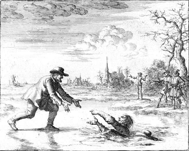 Anabaptist Dirk Willems rescues his pursuer and is subsequently burned at the stake in 1569.