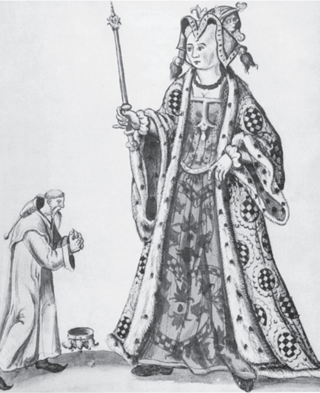 King Albrecht begs Queen Margaret for mercy as imagined in 1589