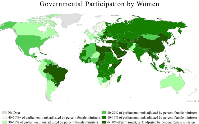 A world map showing countries governmental participation by women, 2010.