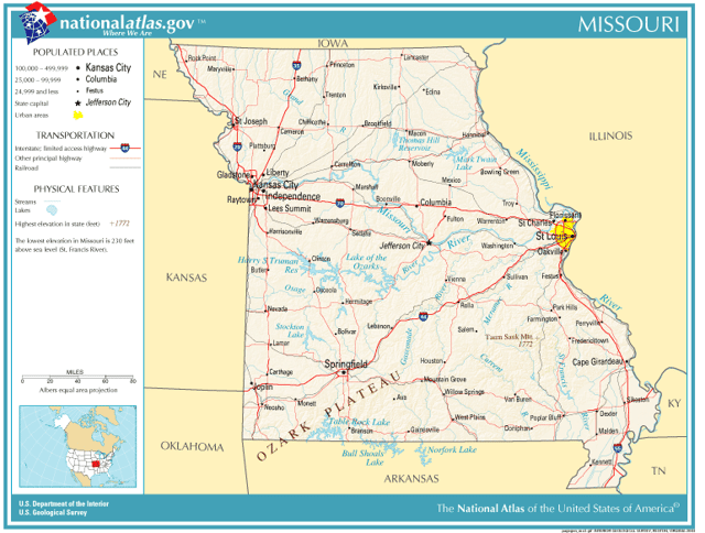 Map of Missouri, showing major cities and roads