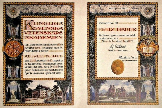 Laureates receive a heavily decorated diploma together with a gold medal and the prize money. Here Fritz Haber's diploma is shown, which he received for the development of a method to synthesise ammonia.