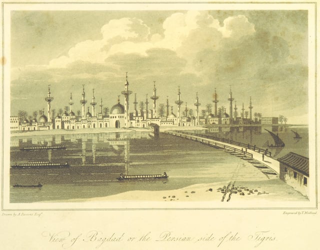 A view of Baghdad from the print collection in Travels in Asia and Africa, etc. (ed. J. P. Berjew, British Library)