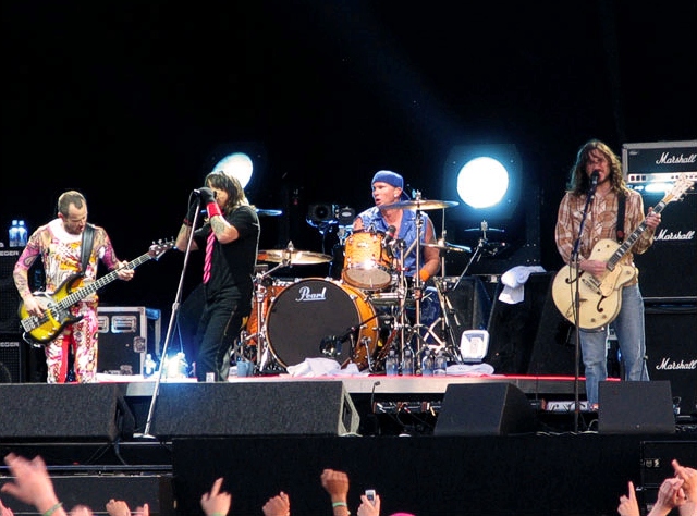 The band in 2006 during the Stadium Arcadium World Tour featuring its long-time lineup: Flea, Kiedis, Smith, Frusciante