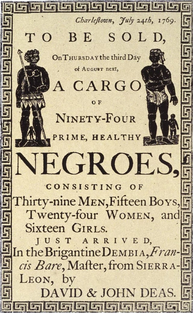 Reproduction of a handbill advertising a slave auction in Charleston, South Carolina, in 1769.