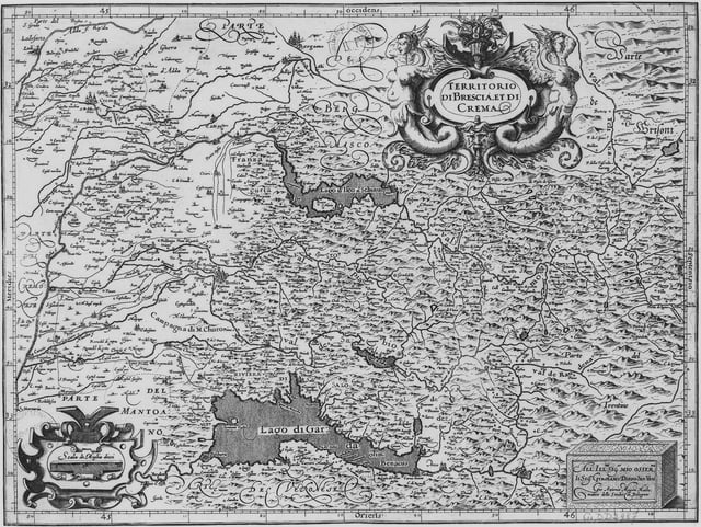 16th Century map by Giovanni Antonio Magini of the Province of Brescia. Val Trompia is in the center. Map is oriented with West at the top.
