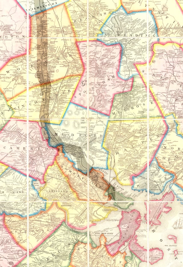 1852 map of Boston area showing Medford and rail lines.