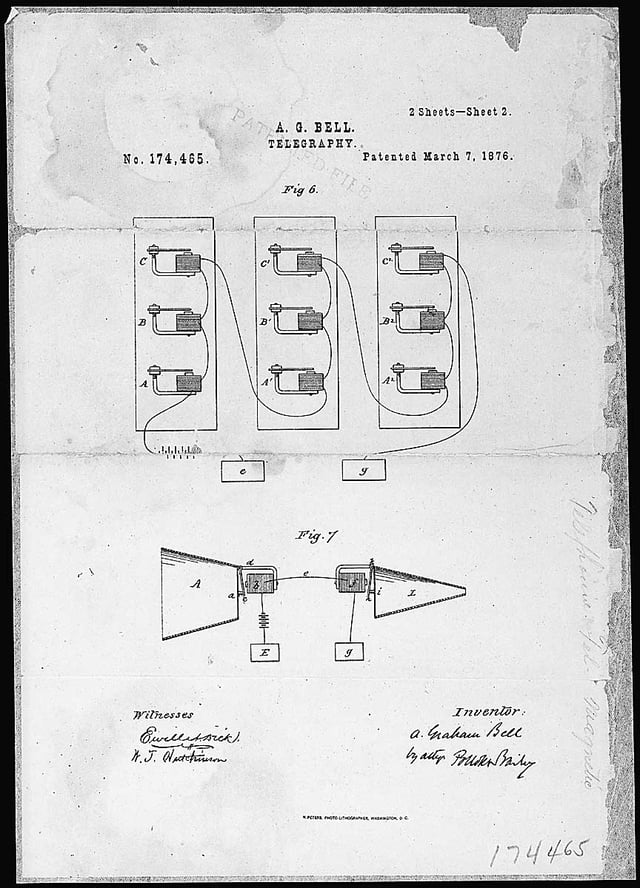 Alexander Graham Bell's telephone patent drawing, March 7, 1876