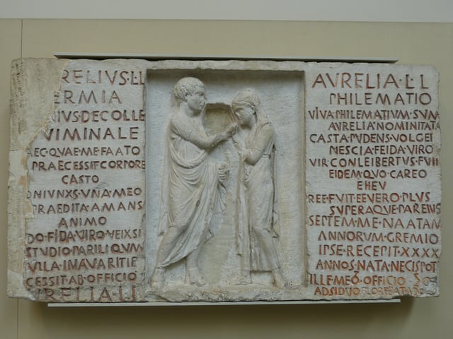 An inscribed funerary relief of Aurelius Hermia and his wife Aurelia Philematum, former slaves who married after their manumission, 80 BC, from a tomb along the Via Nomentana in Rome