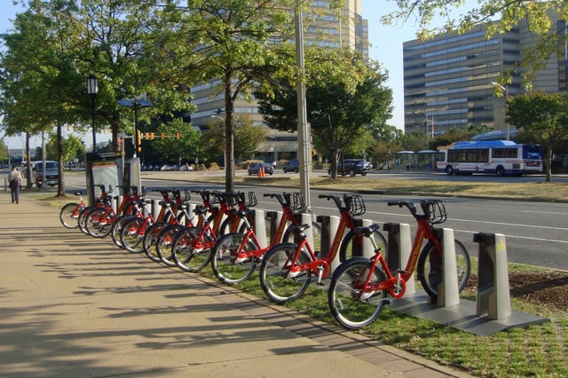 Arlington has a bicycle sharing service provided by Capital Bikeshare. Shown is the rental site located near Pentagon City Metro station.