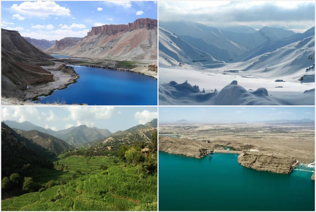 Landscapes of Afghanistan, from left to right: 1. Band-e Amir National Park; 2. Salang Pass in Parwan Province; 3. Korangal Valley in Kunar Province; and 4. Kajaki Dam in Helmand Province