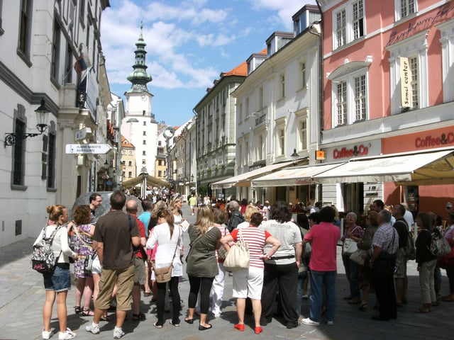 Group of tourists on street in Bratislava