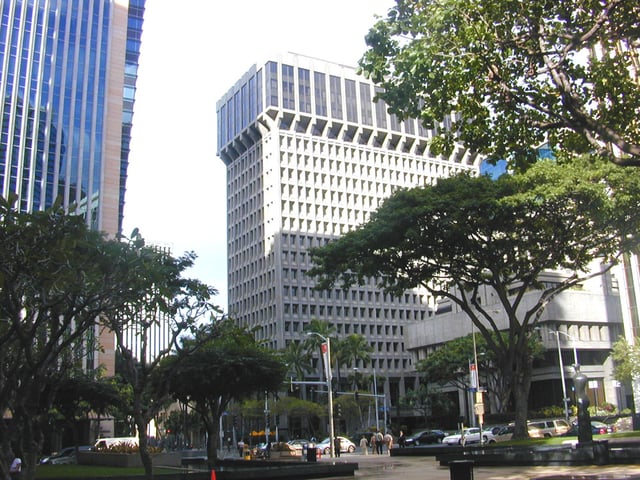 Downtown at Bishop and King streets, with First Hawaiian Center (left) and Bankoh Center (right)