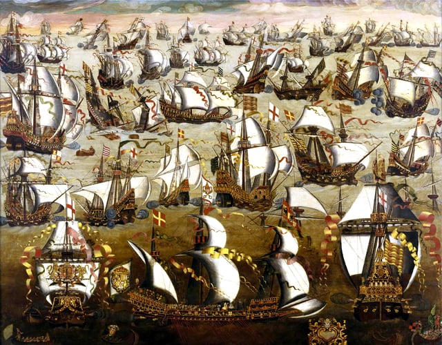 A late 16th-century painting of the Spanish Armada in battle with English warships