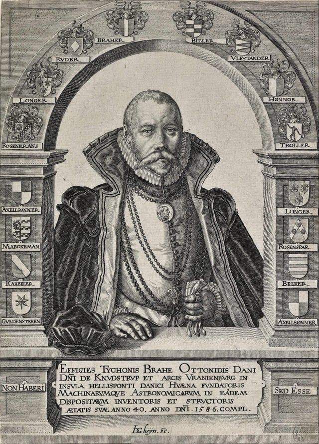 1586 portrait of Tycho Brahe framed by the family shields of his noble ancestors, by Jacques de Gheyn.