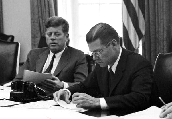 President Kennedy and Secretary of Defense McNamara in an EXCOMM meeting.