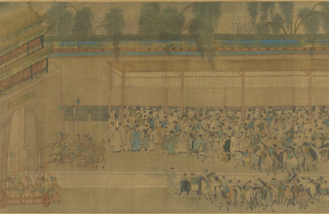 Candidates who had taken the civil service examinations would crowd around the wall where the results were posted; detail from a handscroll in ink and color on silk, by Qiu Ying (1494–1552).