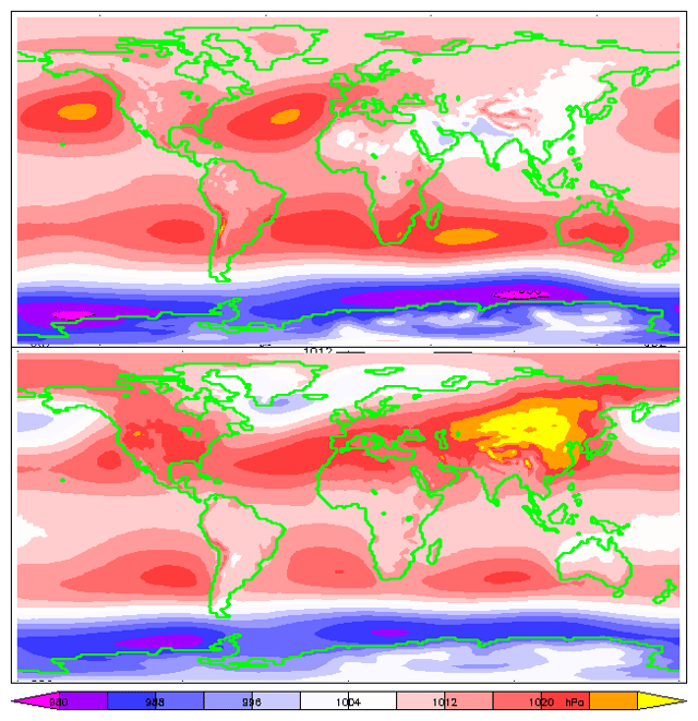 15-year average mean sea-level pressure for June, July, and August (top) and December, January, and February (bottom). ERA-15 re-analysis.