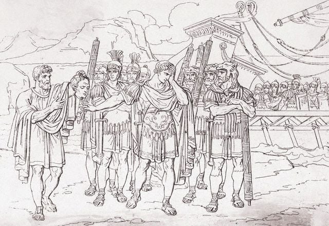 Theodotus shows Caesar the head of Pompey; etching, 1820