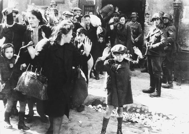 A well-known photograph showing the clearing of the Warsaw Ghetto in 1943.