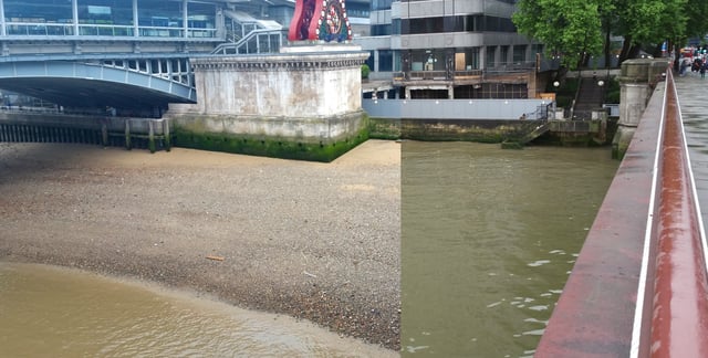 Waterstand of Thames at low tide (left) and high tide (right) in comparison at Blackfriars Bridge in London