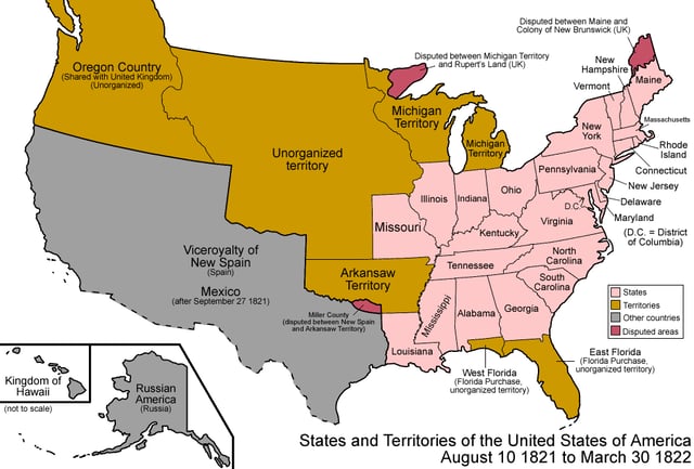 The states and territories of the United States as a result of Missouri's admission as a state on August 10, 1821. The remainder of the former Missouri Territory became unorganized territory.