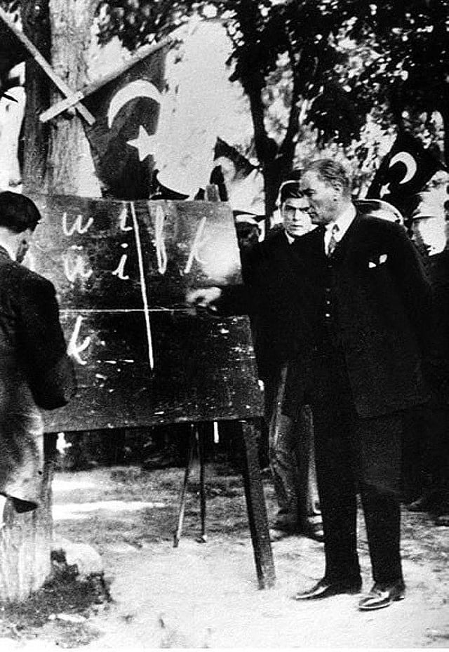 Atatürk introducing the new Turkish alphabet to the people of Kayseri. September 20, 1928. (Cover of the French L'Illustration magazine)