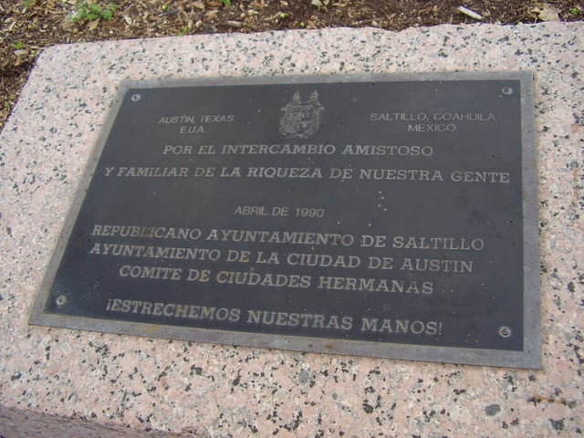 Sister city monument in Austin commemorating the relationship with Saltillo