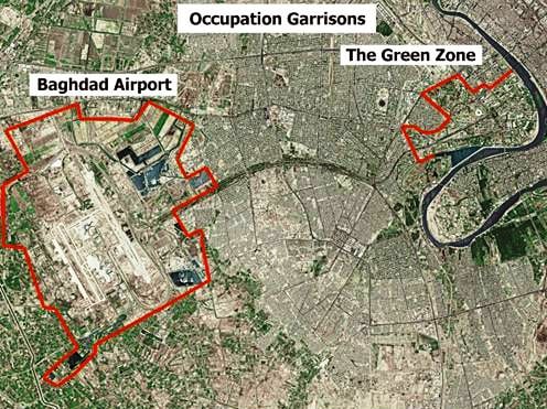 Aerial view of the Green Zone, Baghdad International Airport, and the contiguous Victory Base Complex in Baghdad
