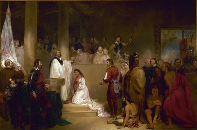 Baptism of Pocahontas was painted in 1840. John Gadsby Chapman depicts Pocahontas, wearing white, being baptized Rebecca by Anglican minister Alexander Whiteaker (left) in Jamestown, Virginia; this event is believed to have taken place either in 1613 or 1614.