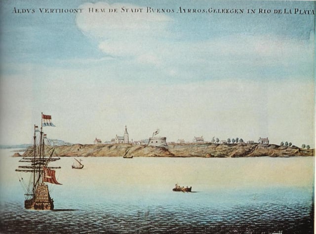 Aldus verthoont hem de stadt Buenos Ayrros geleegen in Rio de la Plata, painting by a Dutch sailor who anchored at the port around 1628.