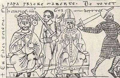 Henry IV (left), count palatine Herman II of Lotharingia (middle-left) and Antipope Clement III (middle-right), from Codex Jenensis Bose (1157)