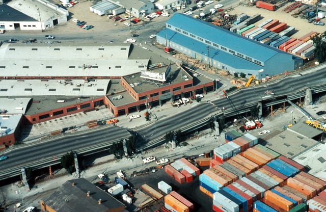 Portion of the collapsed Cypress Viaduct from the 1989 Loma Prieta Earthquake.