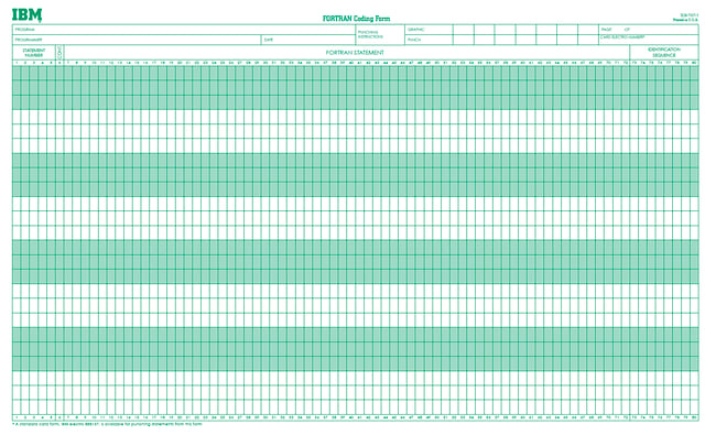 A FORTRAN coding form, printed on paper and intended to be used by programmers to prepare programs for punching onto cards by keypunch operators.  Now obsolete.