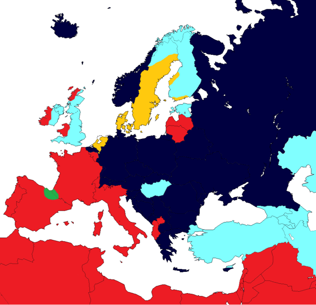 Gender in European languages. Light blue: no gender system.  Yellow: common/neuter.  Green: animate/inanimate (Basque).  Red: masculine/feminine.  Dark blue: masculine/feminine/neuter.  Standard Dutch has a three-gender structure, which fell in disuse in the North of the Netherlands but remains very much alive in Flanders and the South of the Netherlands.