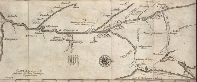 c. 1681 map of Marquette and Jolliet's 1673 expedition