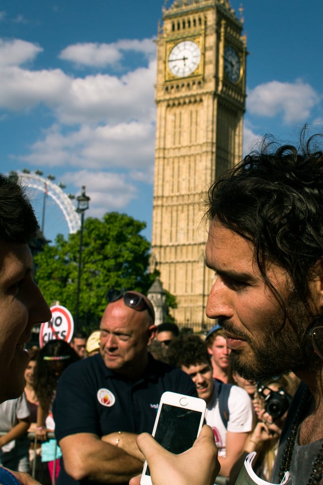 Brand interviewed at the anti-austerity rally in London, June 2014