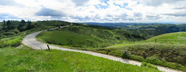 Skyline Boulevard stretches through the Santa Cruz Mountains, here atop Portola Valley, California. During the winter and spring, hills surrounding the San Francisco Bay Area are lush and green.