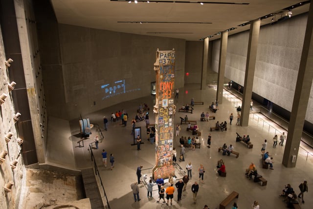 Main hall of the Museum, showing the Last Column standing at center, and the original Slurry Wall of the "Bathtub" retaining wall around the foundation at left