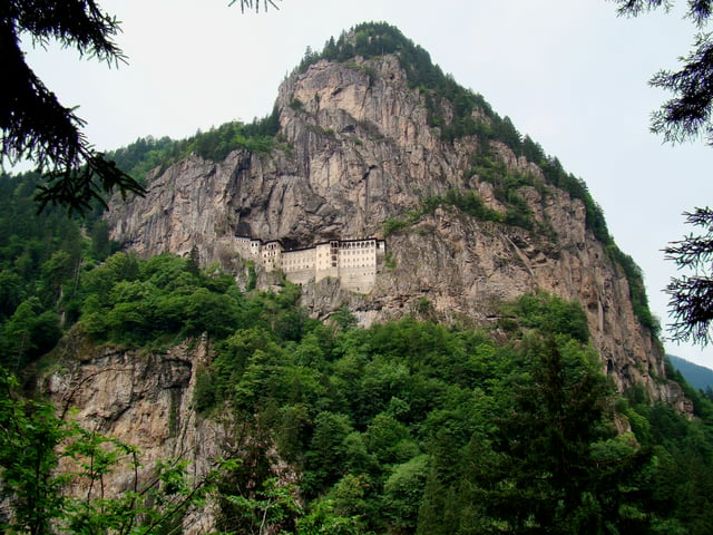 Sümela Monastery on the Pontic Mountains. These mountains form an ecoregion with diverse temperate rainforest types, flora and fauna.