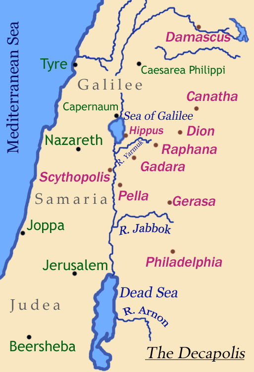 Map of the Decapolis showing the location of Beit She'an, here called by its Greek name, Scythopolis