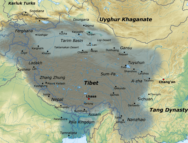Map of the Tibetan Empire at its greatest extent between the 780s and the 790s CE