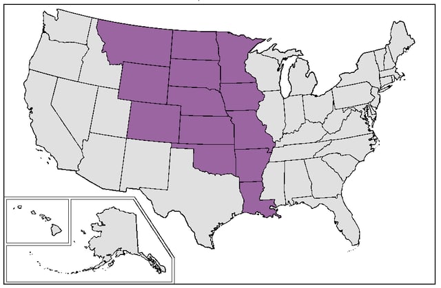 Map of current U.S. states that were completely or mostly inside the borders of old colonial French Louisiana at the time of Louisiana Purchase
