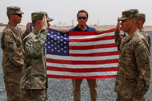 Schwarzenegger at Camp Buehring in Kuwait in 2016