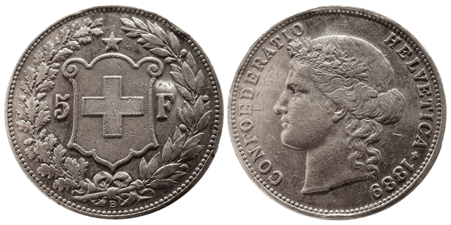 5 Swiss francs coin minted in 1889