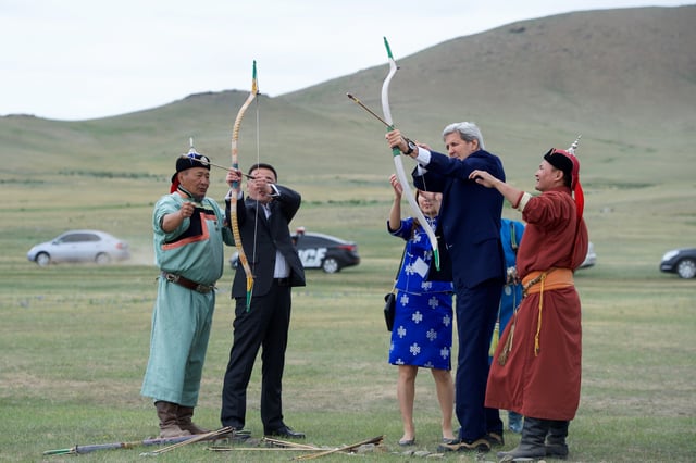 Mongolia's President Tsakhia Elbegdorj with U.S. Secretary of State John Kerry, June 2016