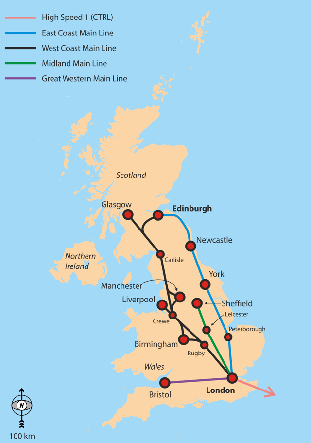 Overview map of the North-South main lines in the UK
