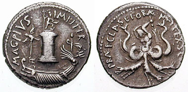 A denarius of Sextus Pompeius, minted for his victory over Octavian's fleet. Obverse: the place where he defeated Octavian, Pharus of Messina decorated with a statue of Neptune; before that galley adorned with aquila, sceptre & trident; MAG. PIVS IMP. ITER. Reverse, the monster Scylla, her torso of dogs and fish tails, wielding a rudder as a club. Caption: PRAEF[ECTUS] CLAS[SIS] ET ORAE MARIT[IMAE] EX S. C.