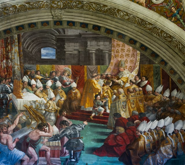 Detail view on an illustration by Raphael portraying the crowning of Charlemagne in Old Saint Peter's Basilica, on 25 December 800